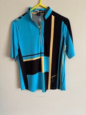 Jamie Saddock Blue and Black Golf Polo with Yellow Stripe